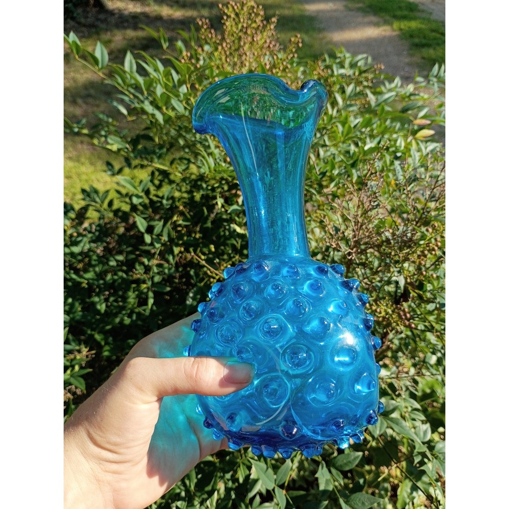 Empoli/Fenton Blue Hobnail Spiky MCM Blue Glass Ruffled‎ Vase 8" Dimple Sides